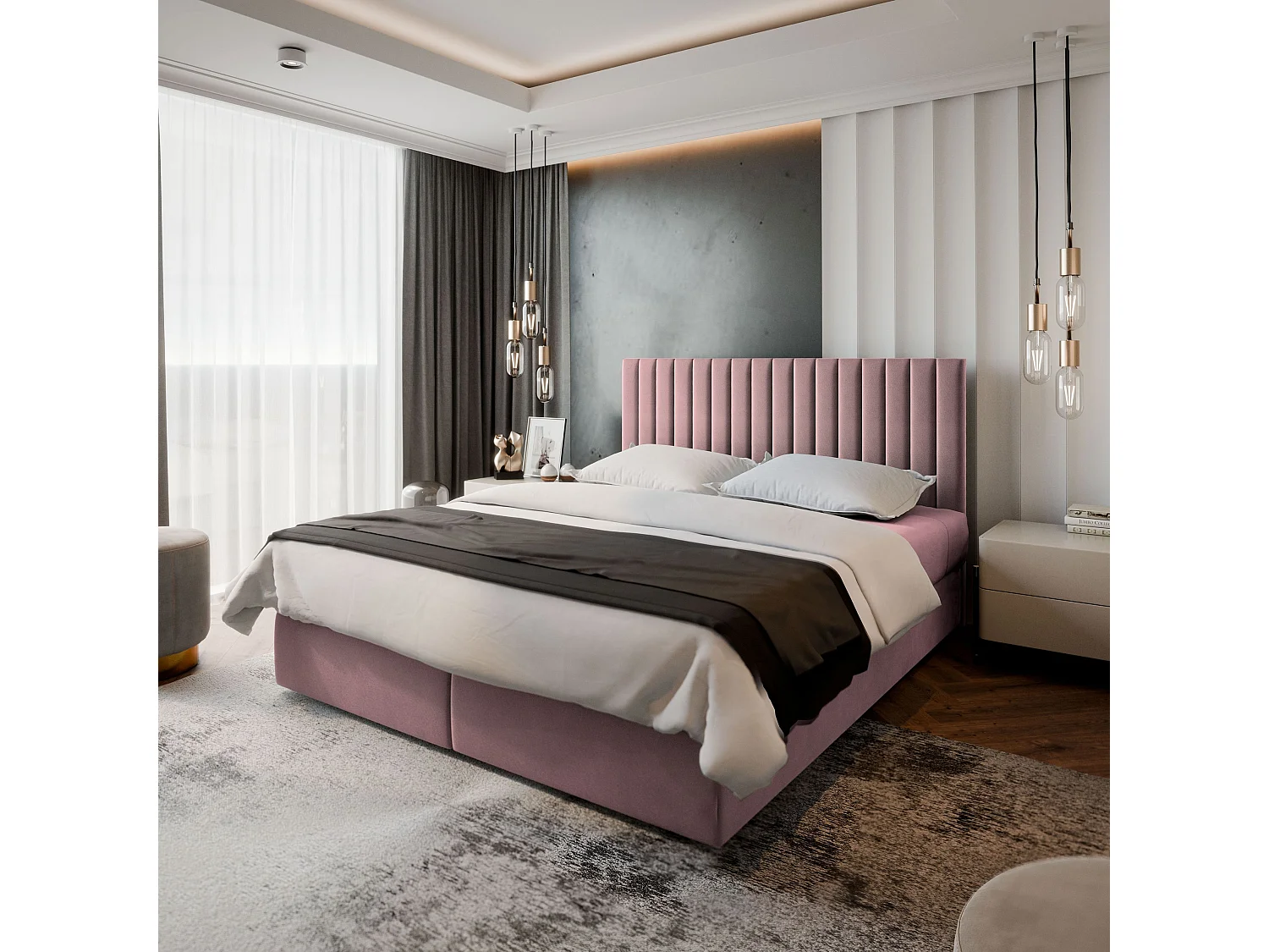 Lit boxspring BRESEL 200x200 cm avec tête de lit, sommier et matelas, Rose poudré