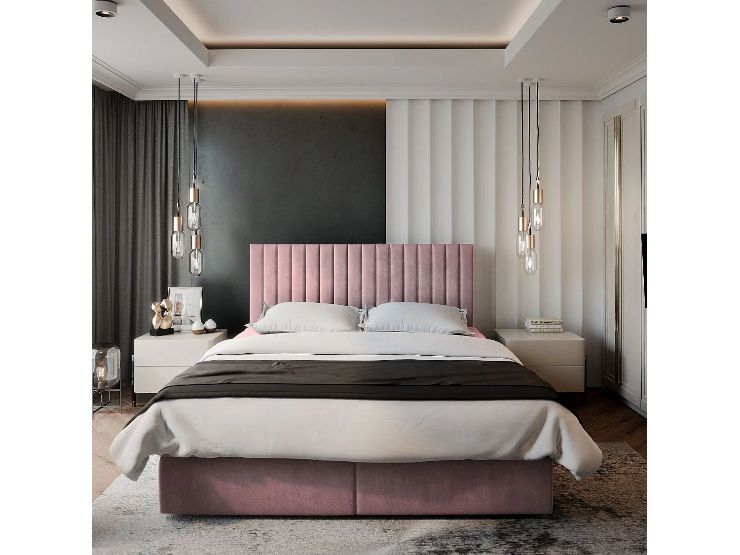 Lit boxspring BRESEL 200x200 cm avec tête de lit, sommier et matelas, Rose poudré