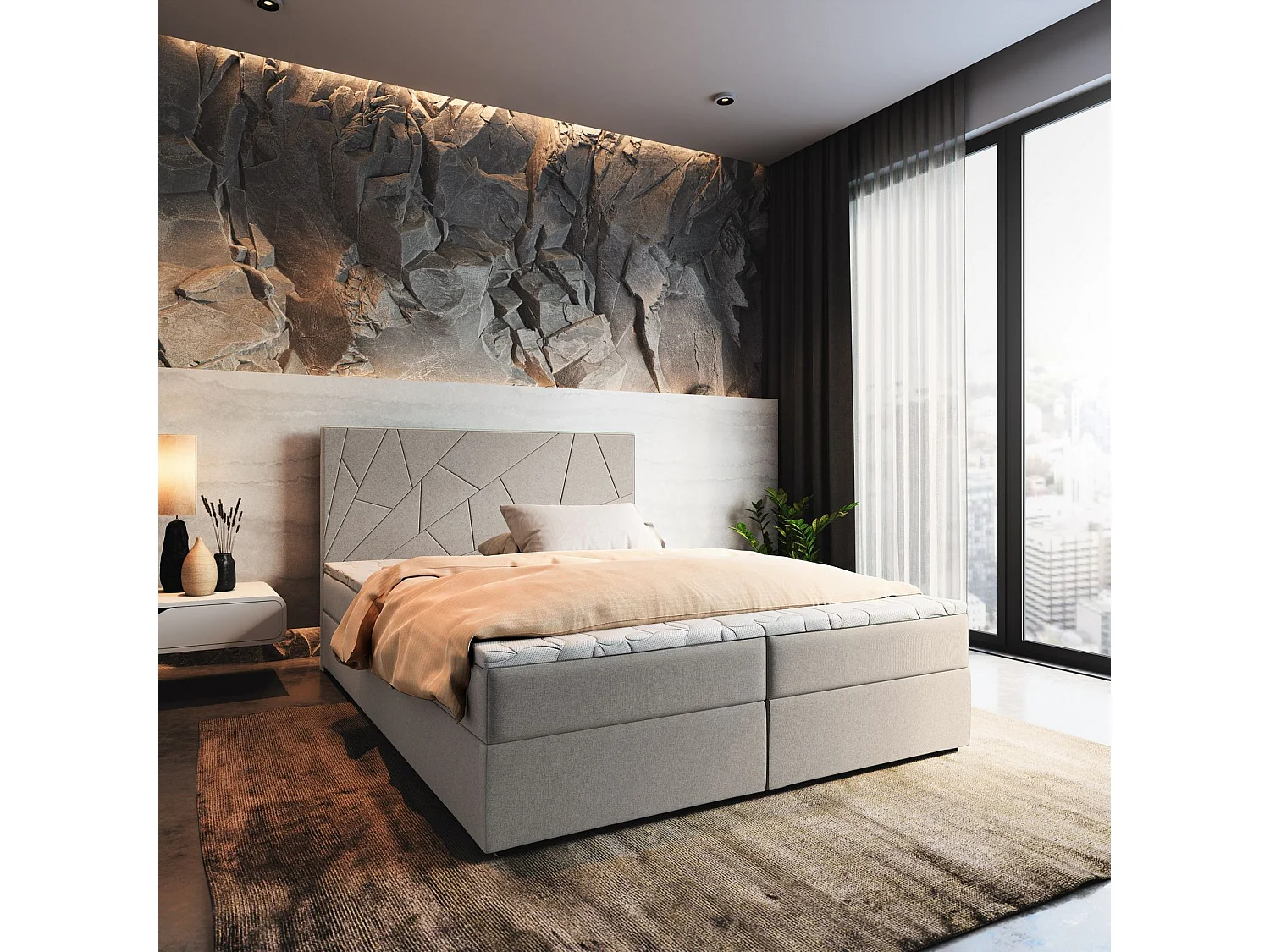 Boxspringbed MADO 200x200 cm Set met hoofdbord, bedbodem en matras, Beige