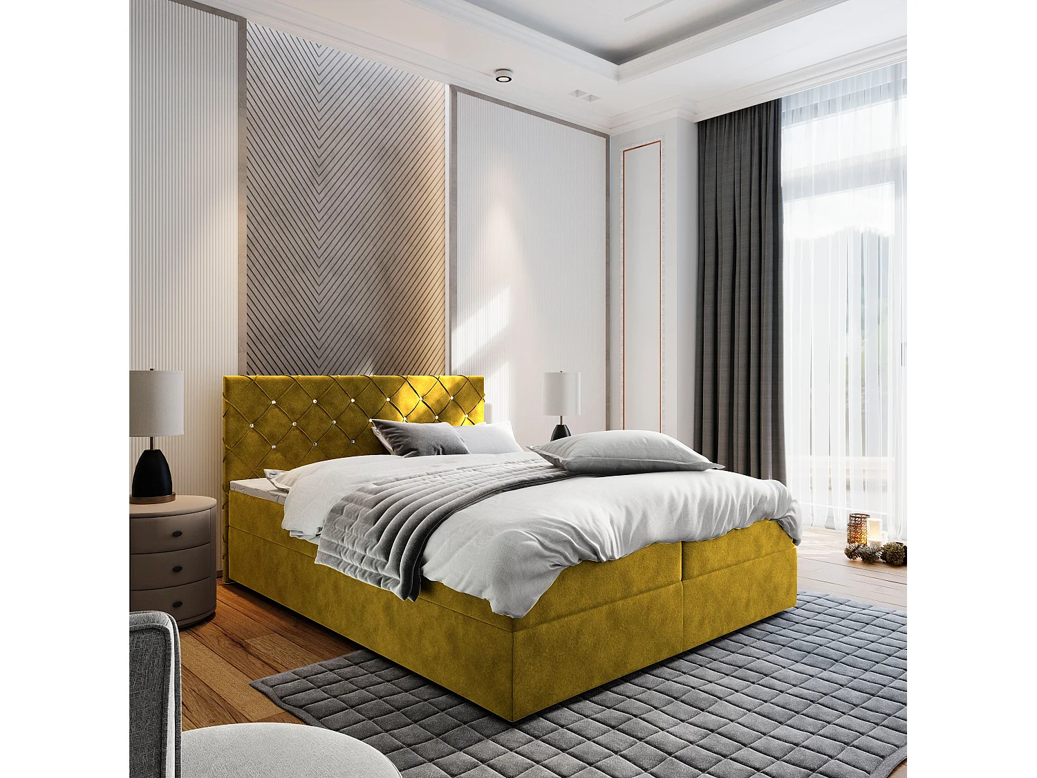 Lit boxspring RIVA 200x200 cm avec tête de lit, sommier et matelas, Jaune