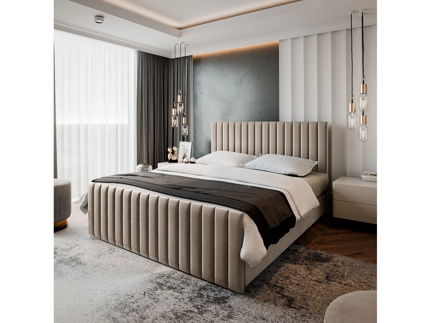 Lit boxspring ARION 200x200 cm avec tête de lit, sommier et matelas, Beige