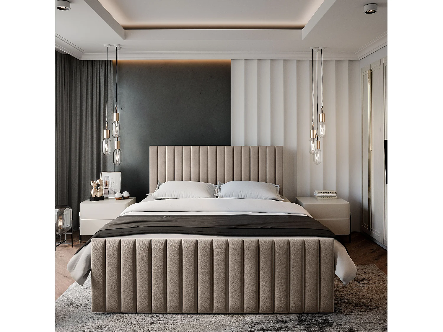 Lit boxspring ARION 200x200 cm avec tête de lit, sommier et matelas, Beige