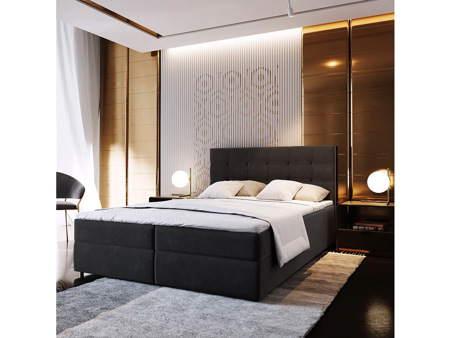 Lit boxspring GLOS 200x200 cm avec tête de lit, sommier et matelas, Noir