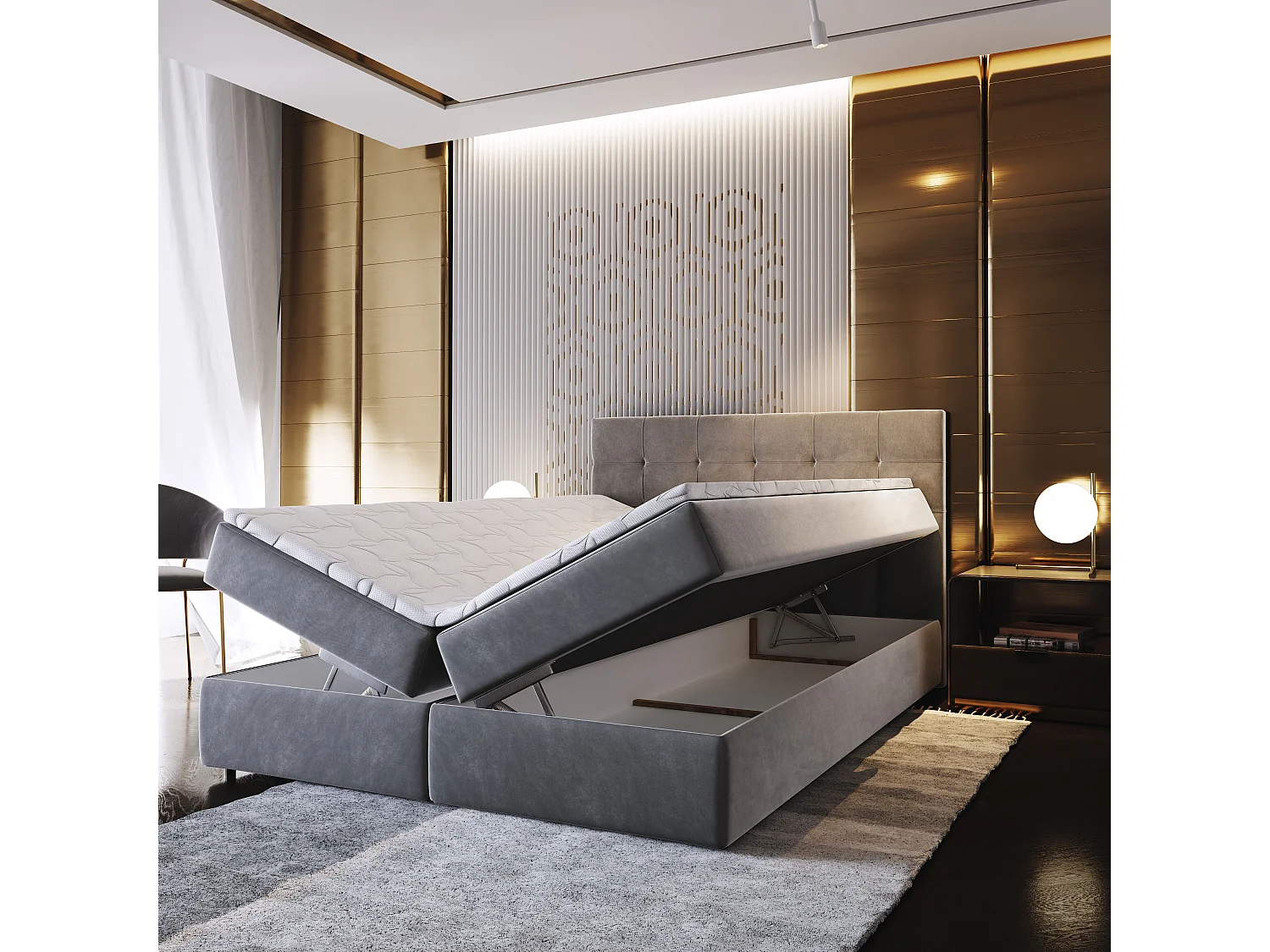 Lit boxspring GLOS 200x200 cm avec tête de lit, sommier et matelas, Noir