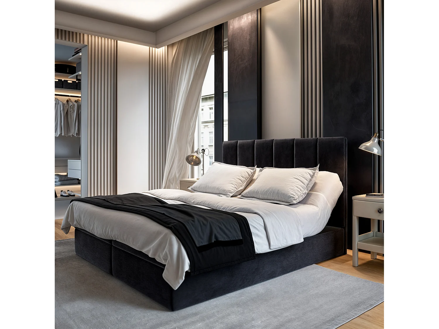 Lit boxspring BARINO 200x200 cm avec tête de lit, sommier et matelas, Noir