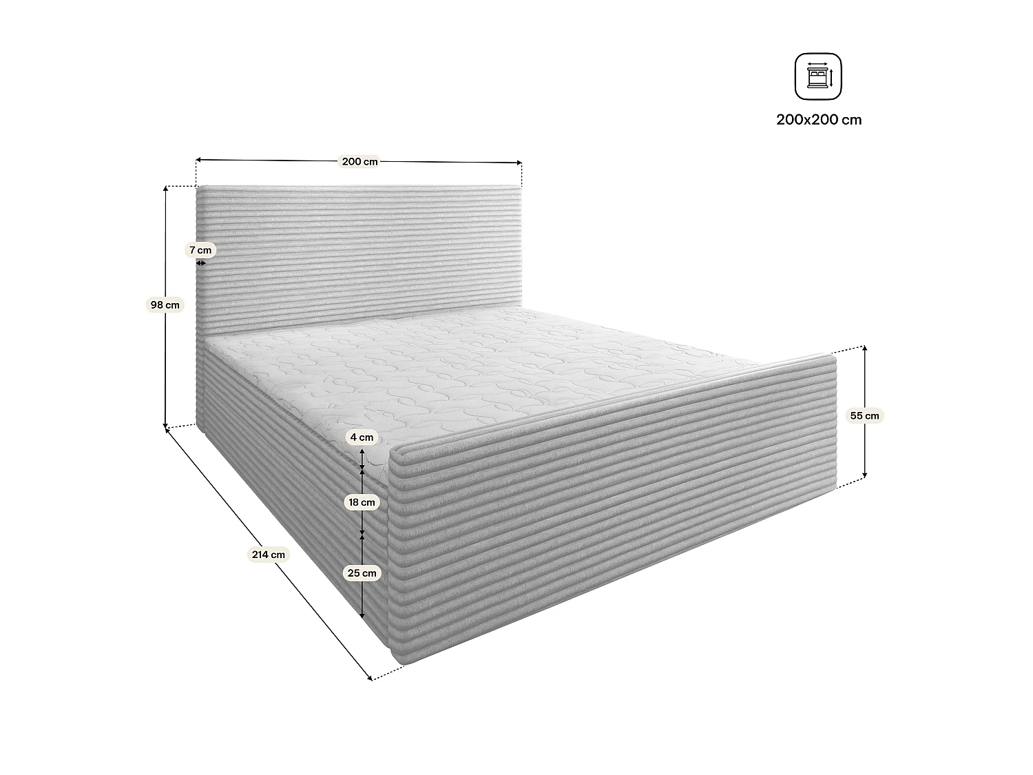Lit boxspring BRENTO 200x200 cm avec tête de lit, sommier et matelas, Rose poudré