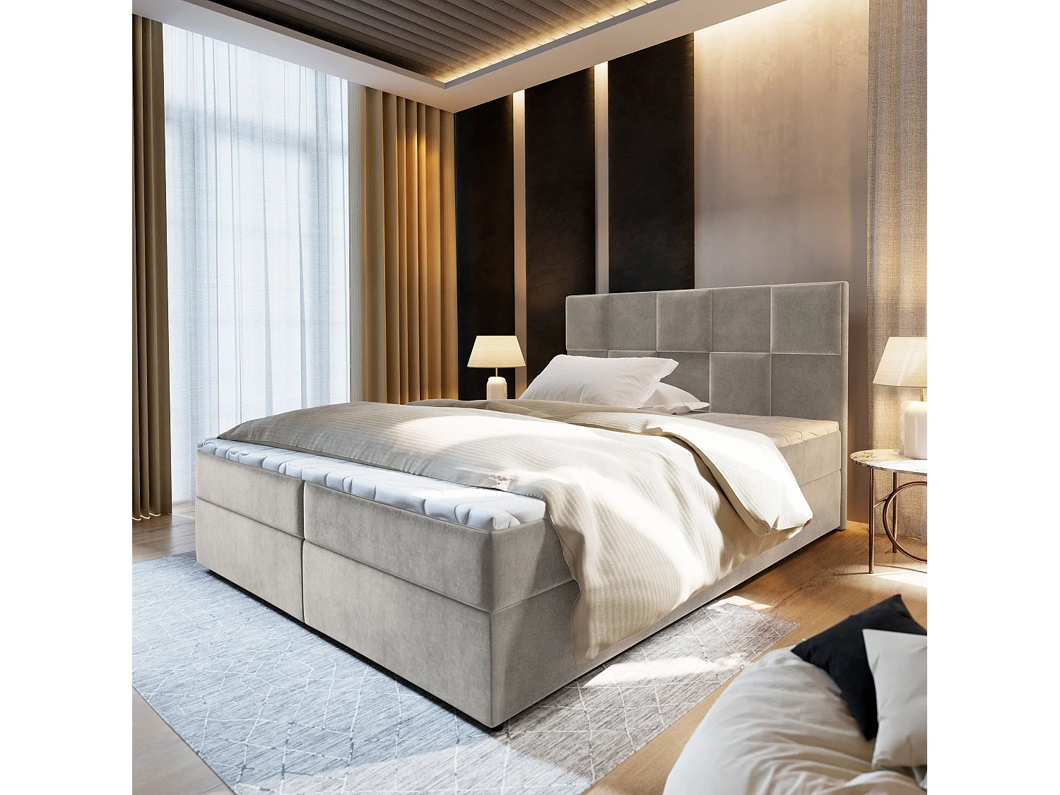 Boxspringbed PRATA 200x200 cm Set met hoofdbord, bedbodem en matras, Beige