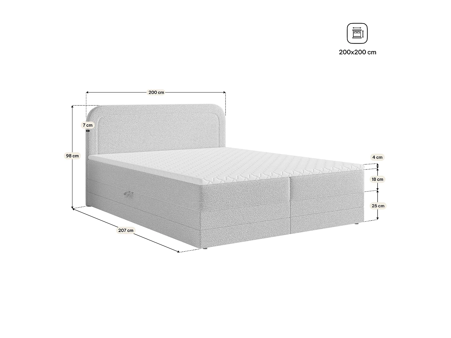 Lit boxspring ARMEL 200x200 cm avec tête de lit, sommier et matelas, Rose poudré