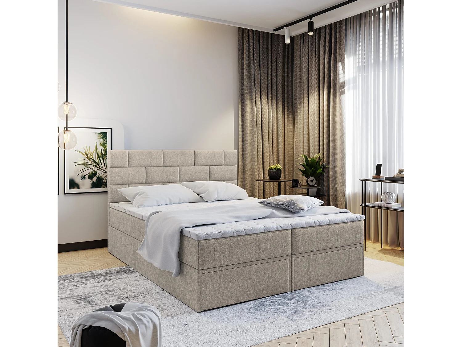 Boxspringbed ARINOS 200x200 cm Set met hoofdbord, bedbodem en matras, Beige