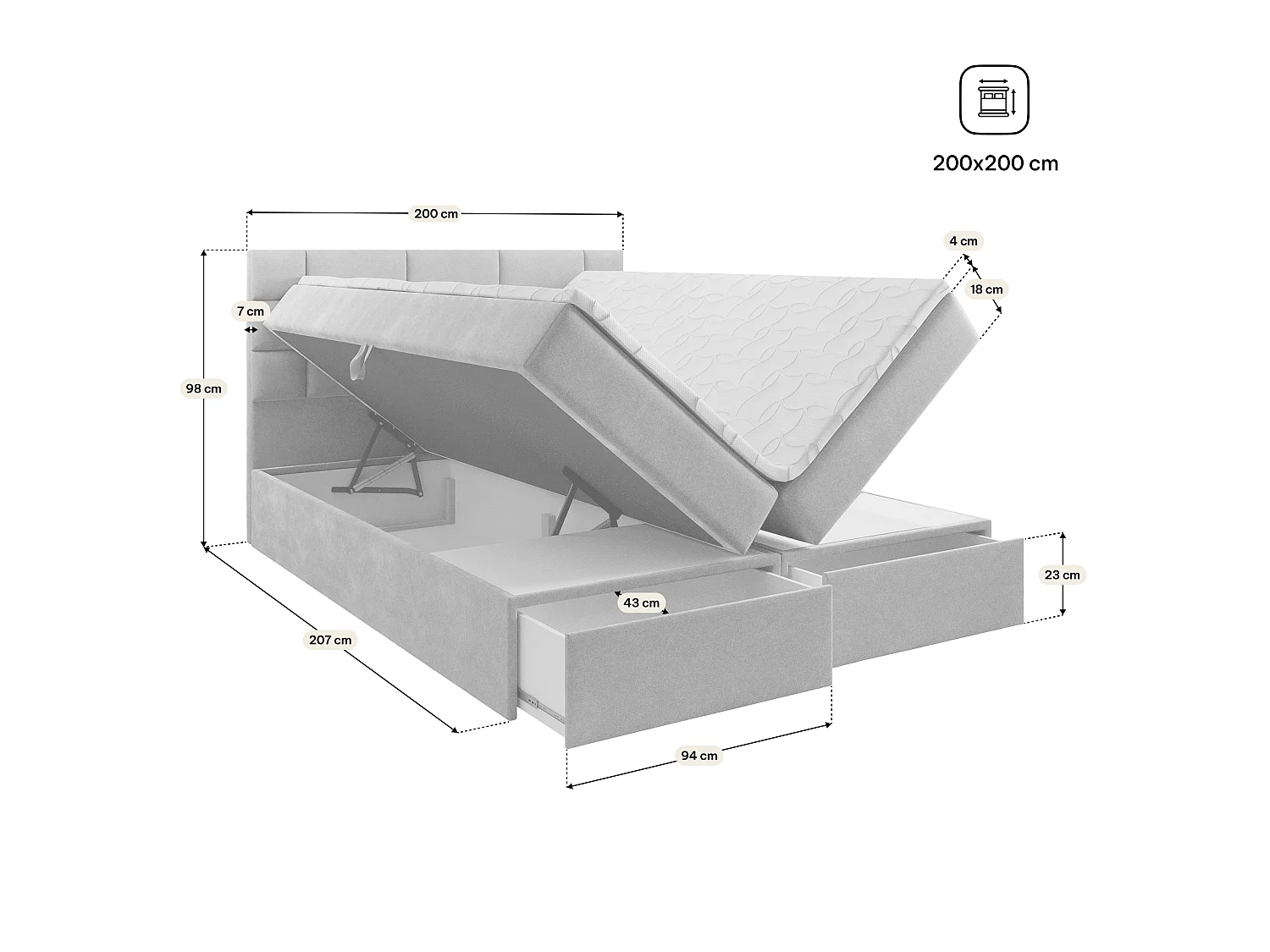 Boxspringbed ARINOS 200x200 cm Set met hoofdbord, bedbodem en matras, Beige