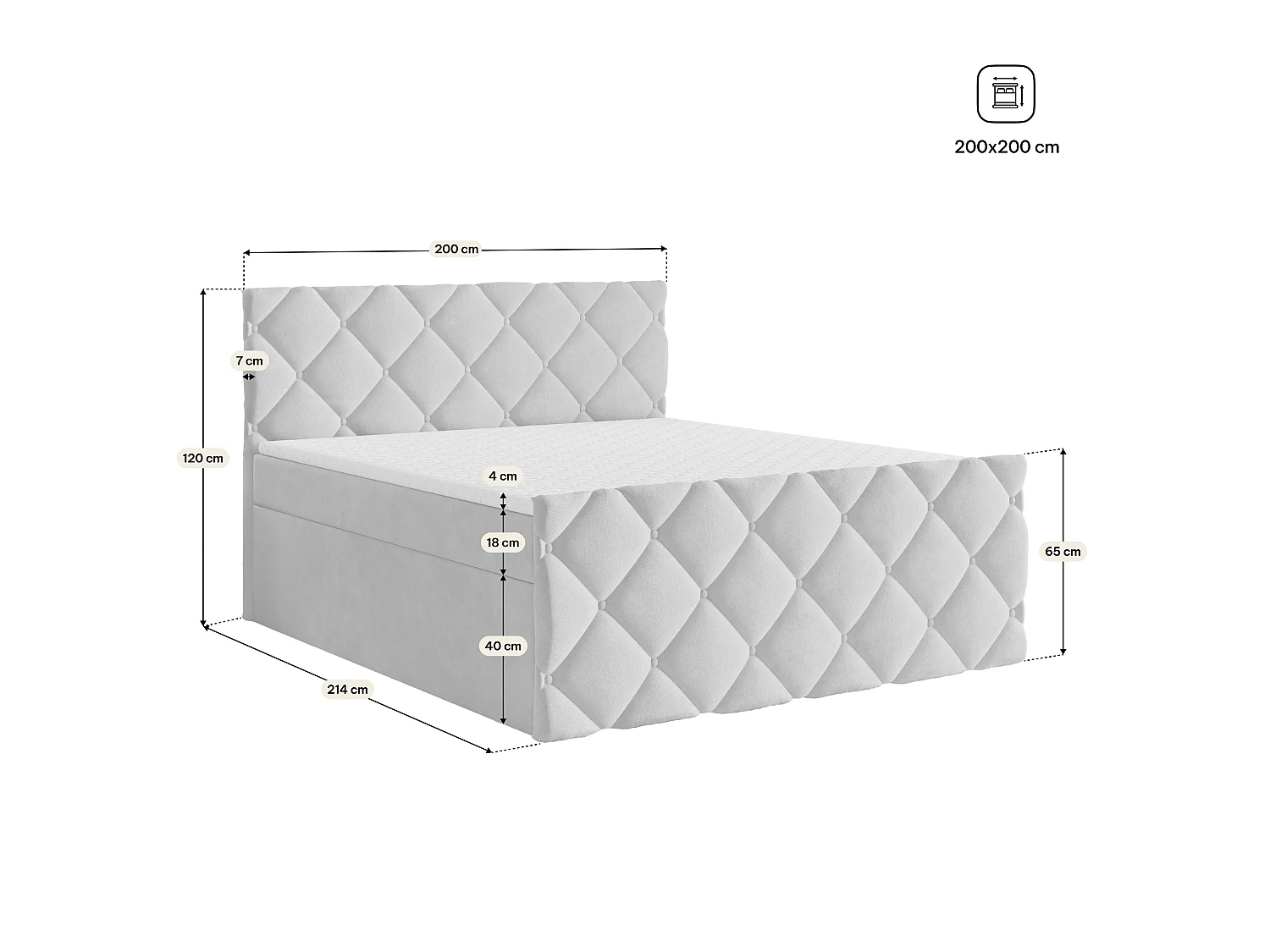 Lit boxspring ROVARI 200x200 cm avec tête de lit, sommier et matelas, Jaune