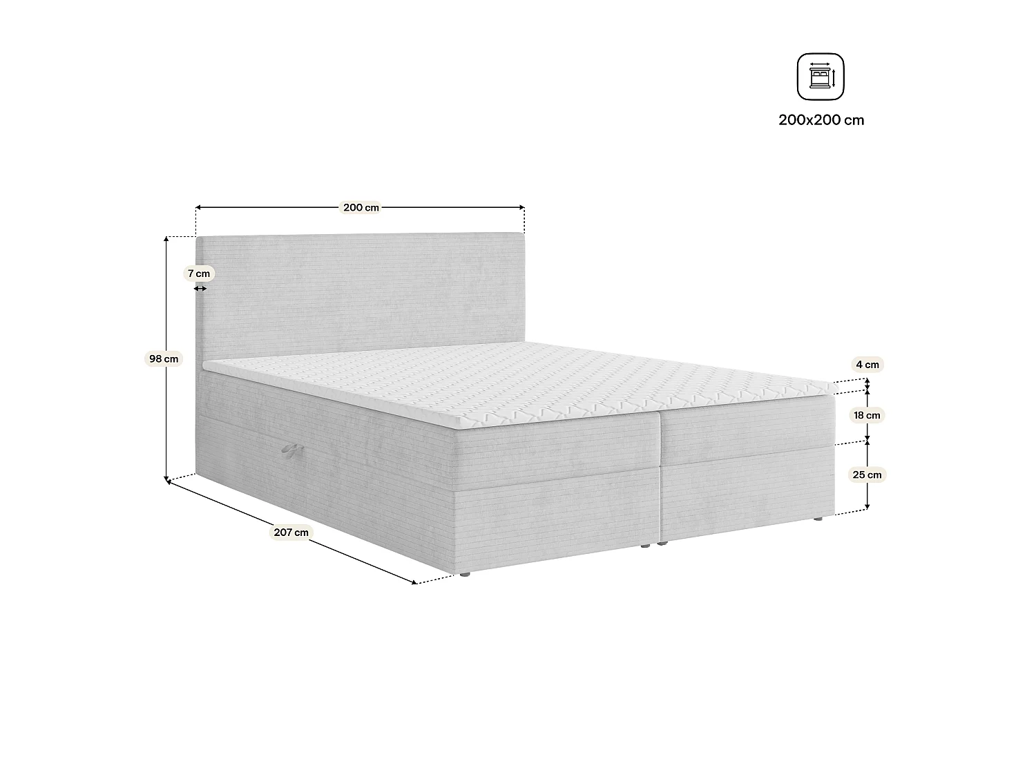 Boxspringbett NIRA 200x200 cm Set mit Kopfteil, Bettgestell und Matratze, Cremig