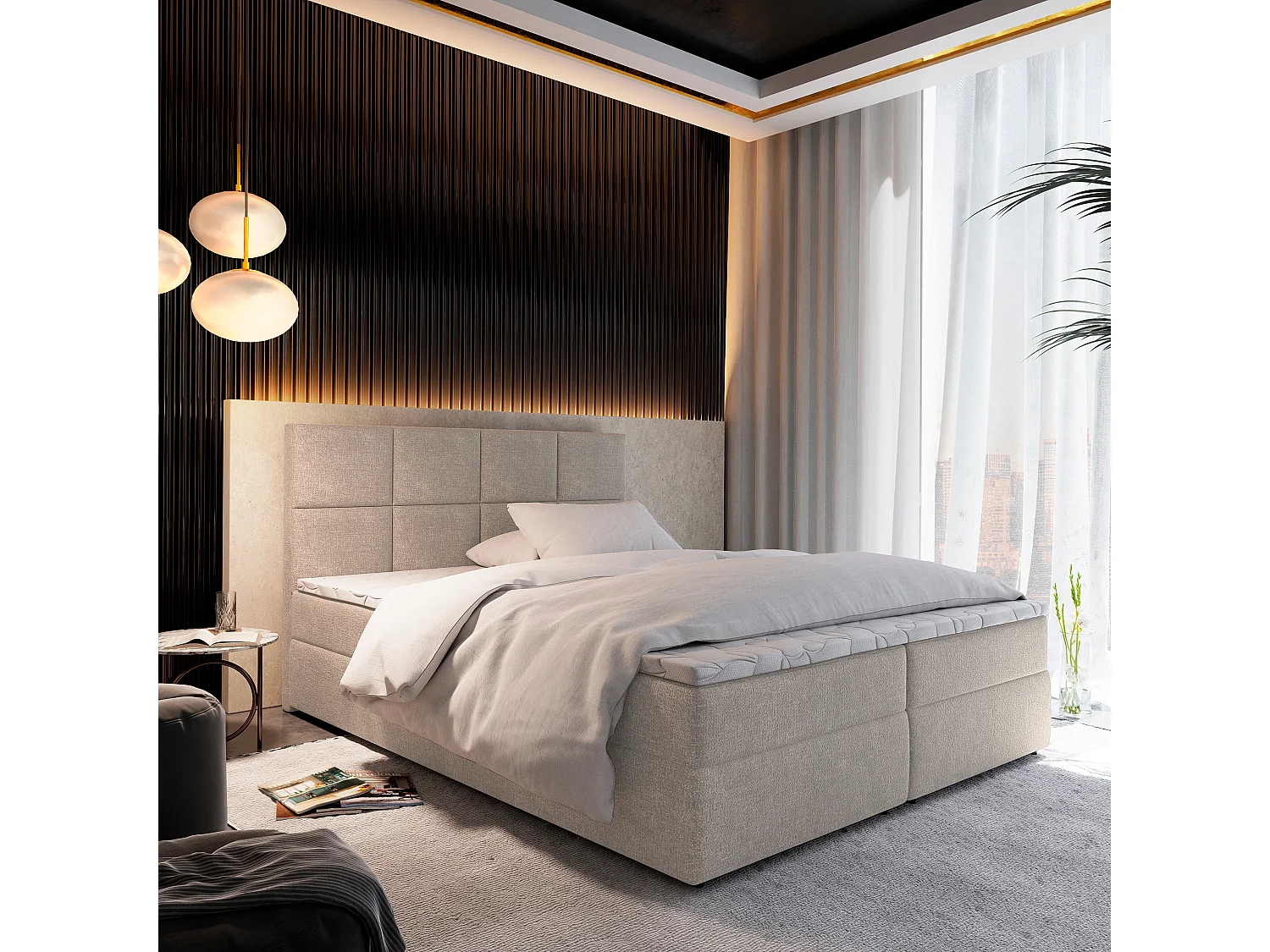 Lit boxspring LENA 200x200 cm avec tête de lit, sommier et matelas, Beige
