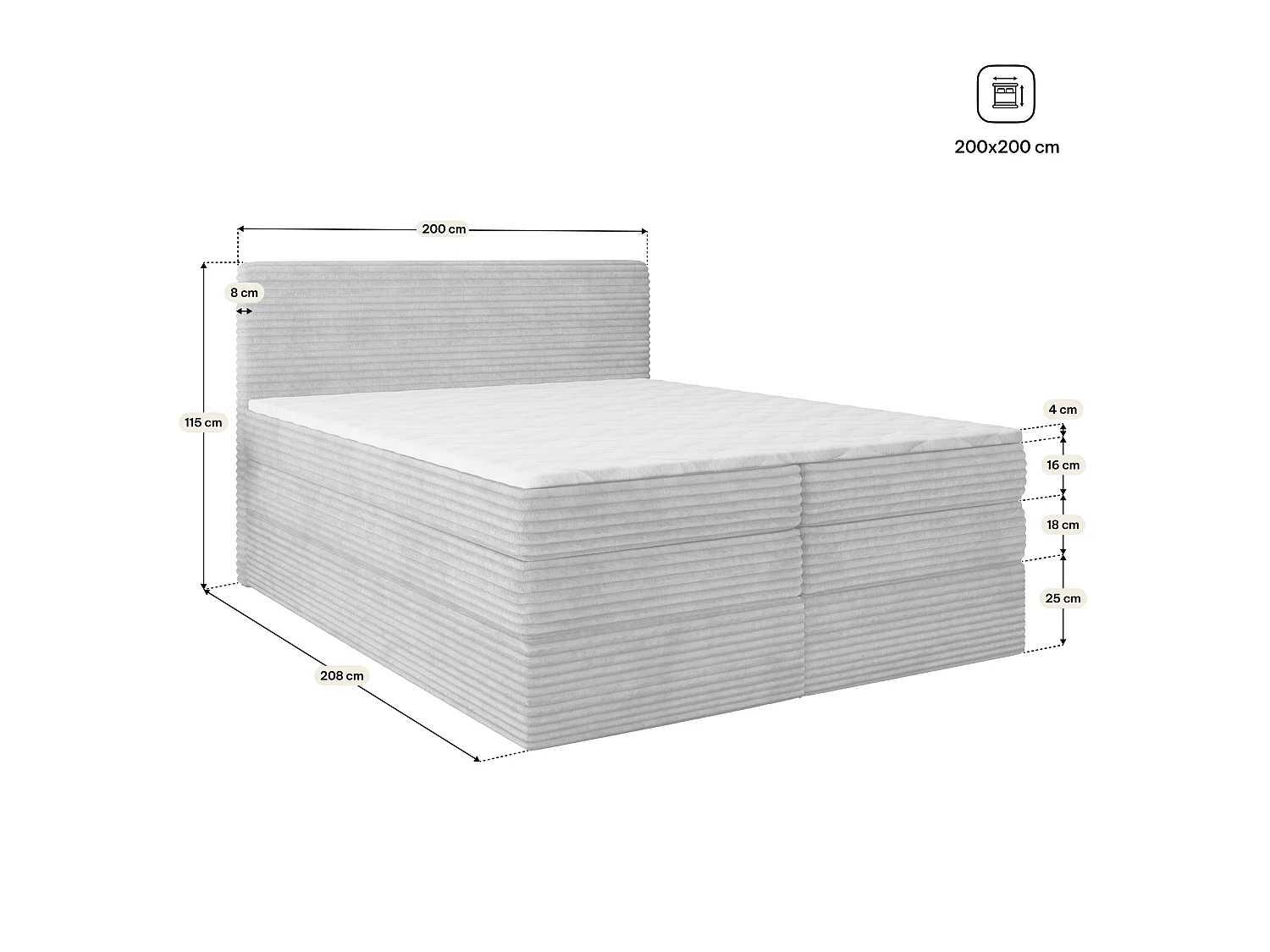 Lit boxspring LUNERA 200x200 cm avec tête de lit, sommier, matelas à ressorts Bonnell et matelas à ressorts ensachés, Rose poudré