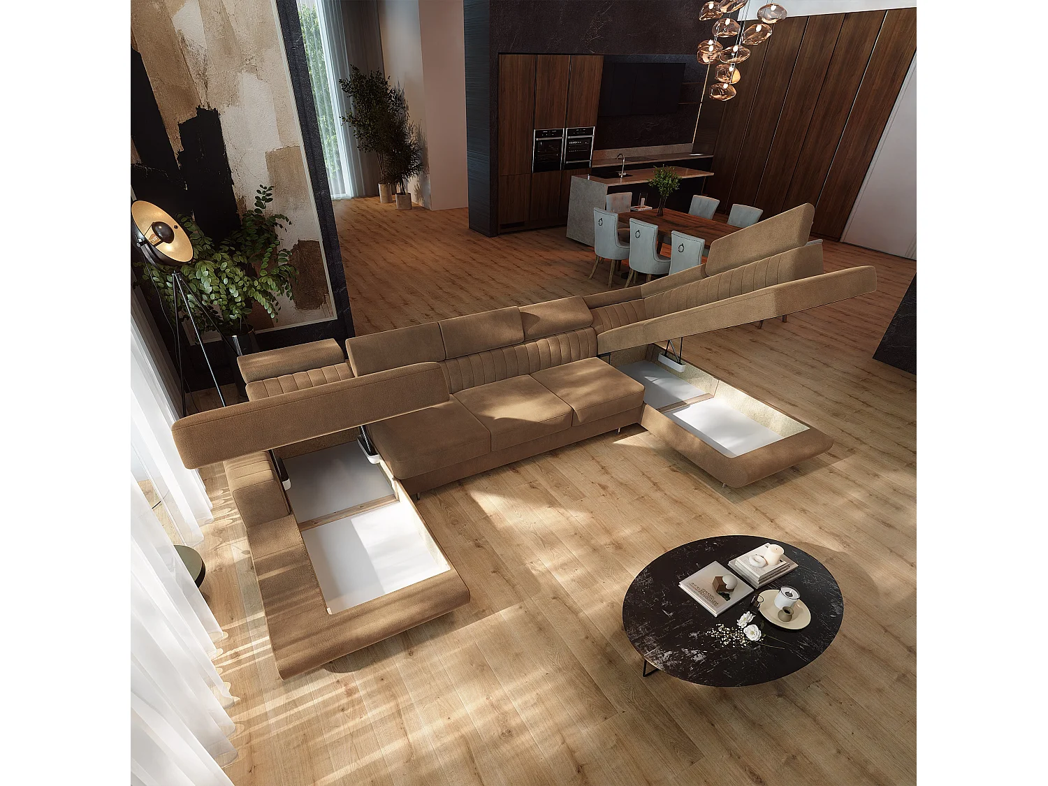 Hoekbank GAIAN, met slaapfunctie, Fluwelen stof Beige