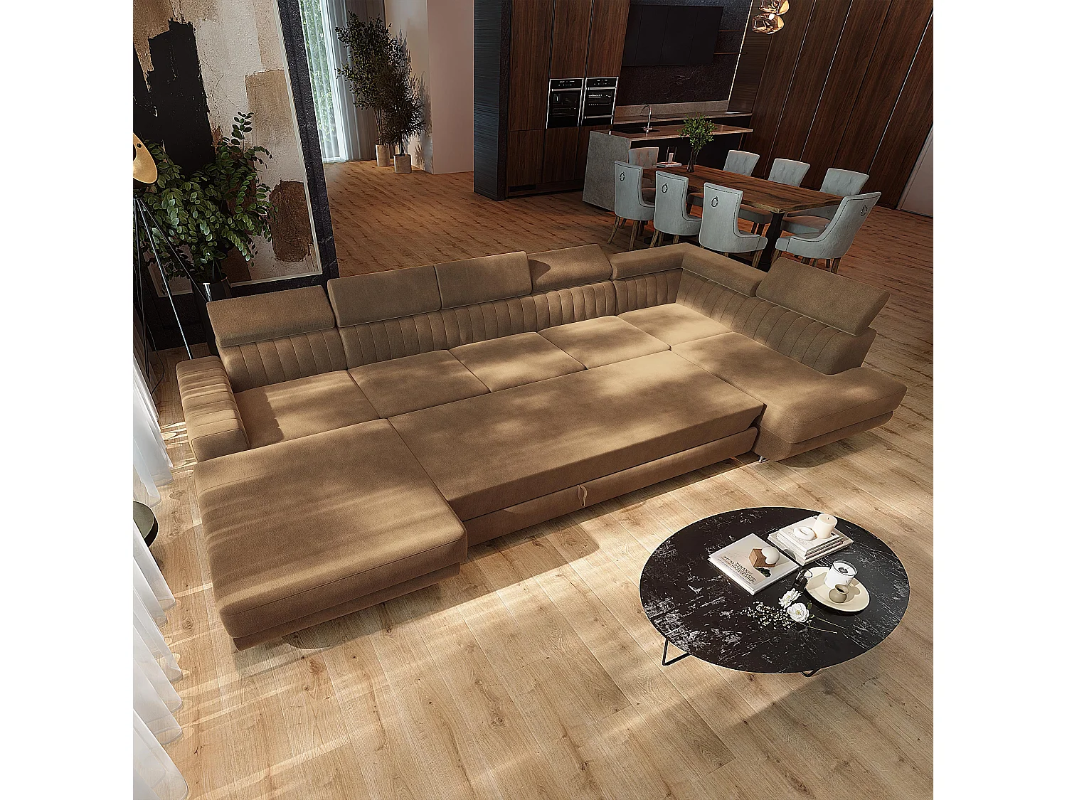 Hoekbank GAIAN, met slaapfunctie, Fluwelen stof Beige