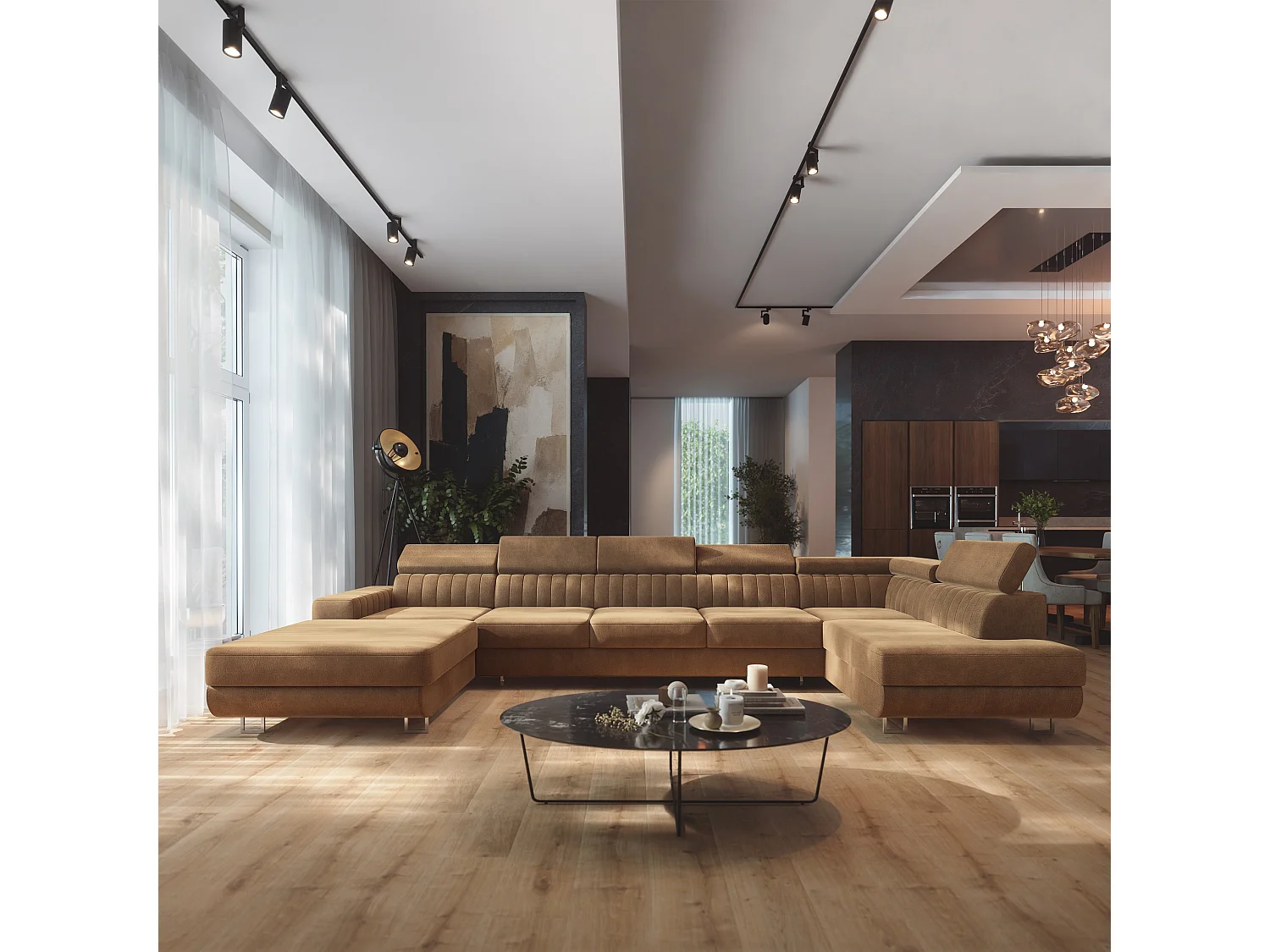 Hoekbank GAIAN, met slaapfunctie, Fluwelen stof Beige