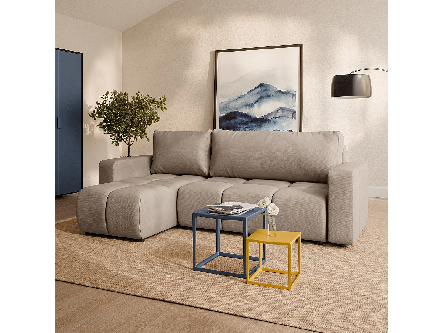 Hoekbank RAMIL, met slaapfunctie, Pluche stof Beige