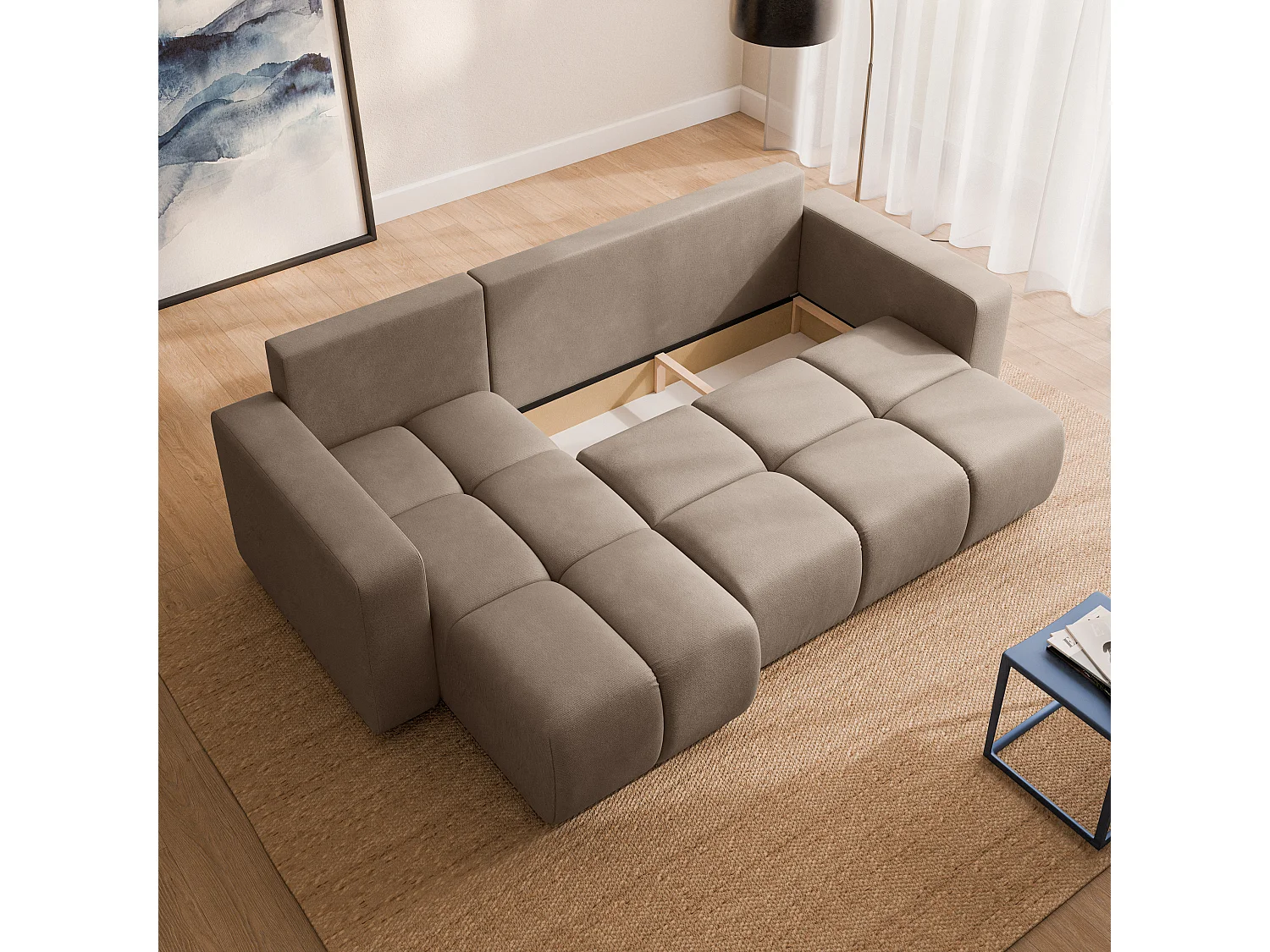 Hoekbank RAMIL, met slaapfunctie, Pluche stof Beige