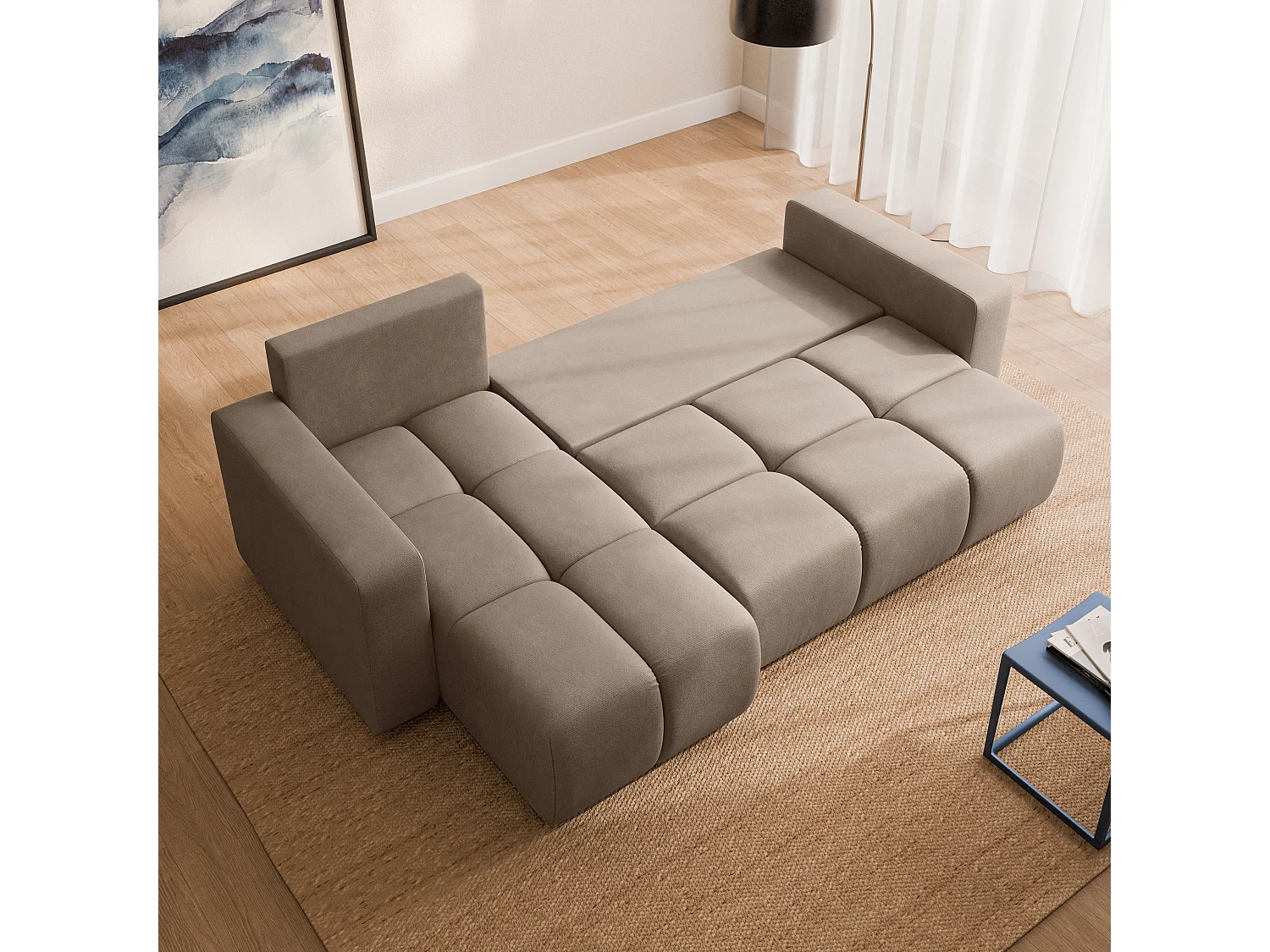 Hoekbank RAMIL, met slaapfunctie, Pluche stof Beige