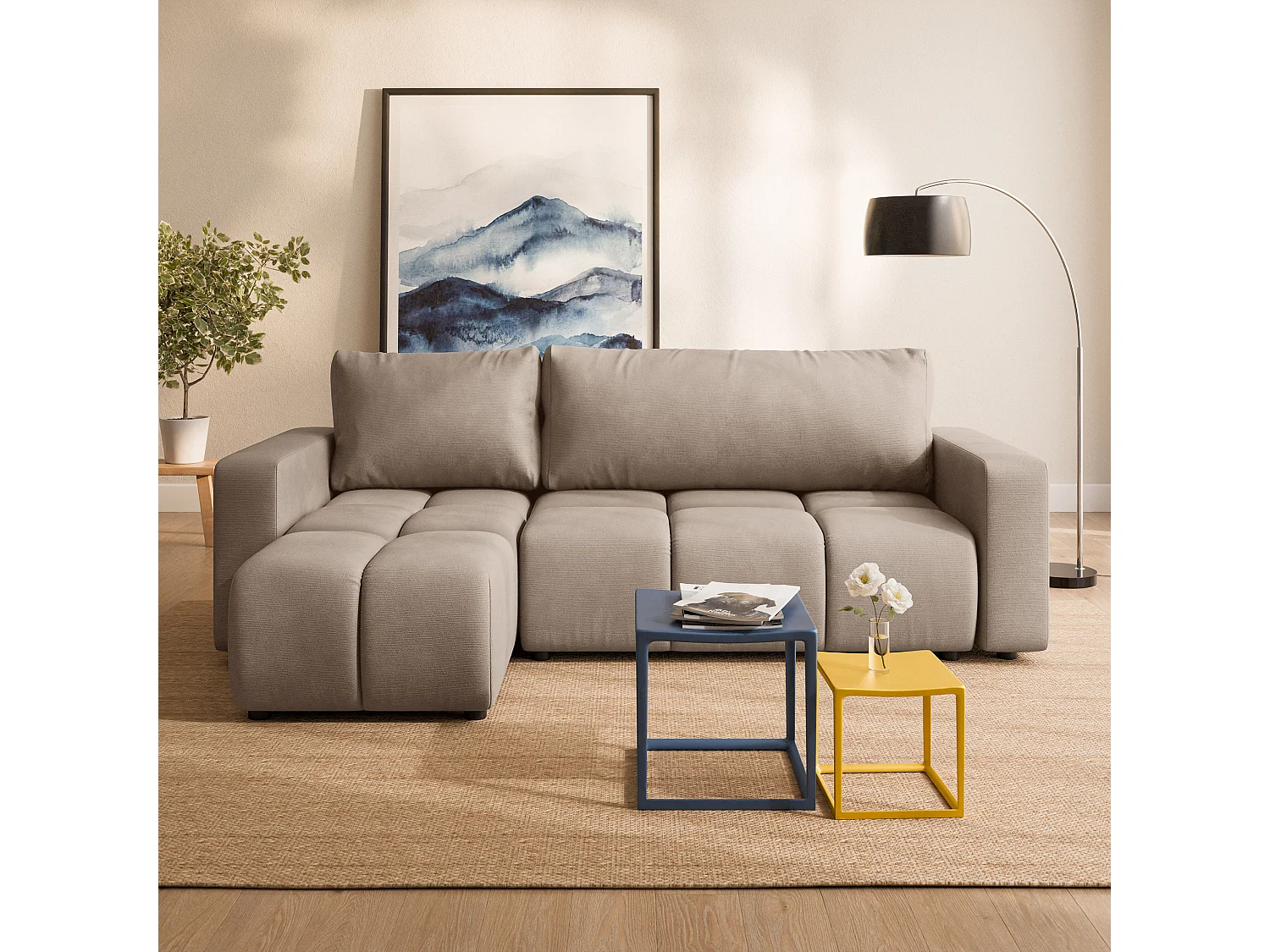 Hoekbank RAMIL, met slaapfunctie, Pluche stof Beige