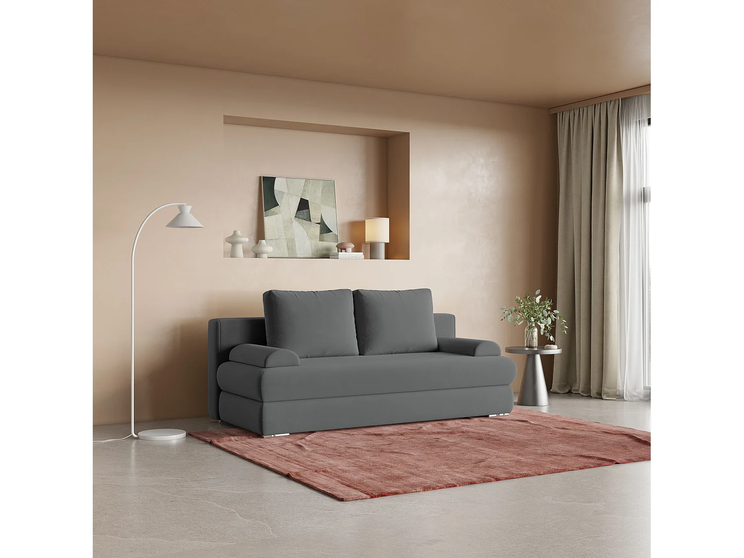 Canapé-lit ASPERO, Tissu peluche, Grau