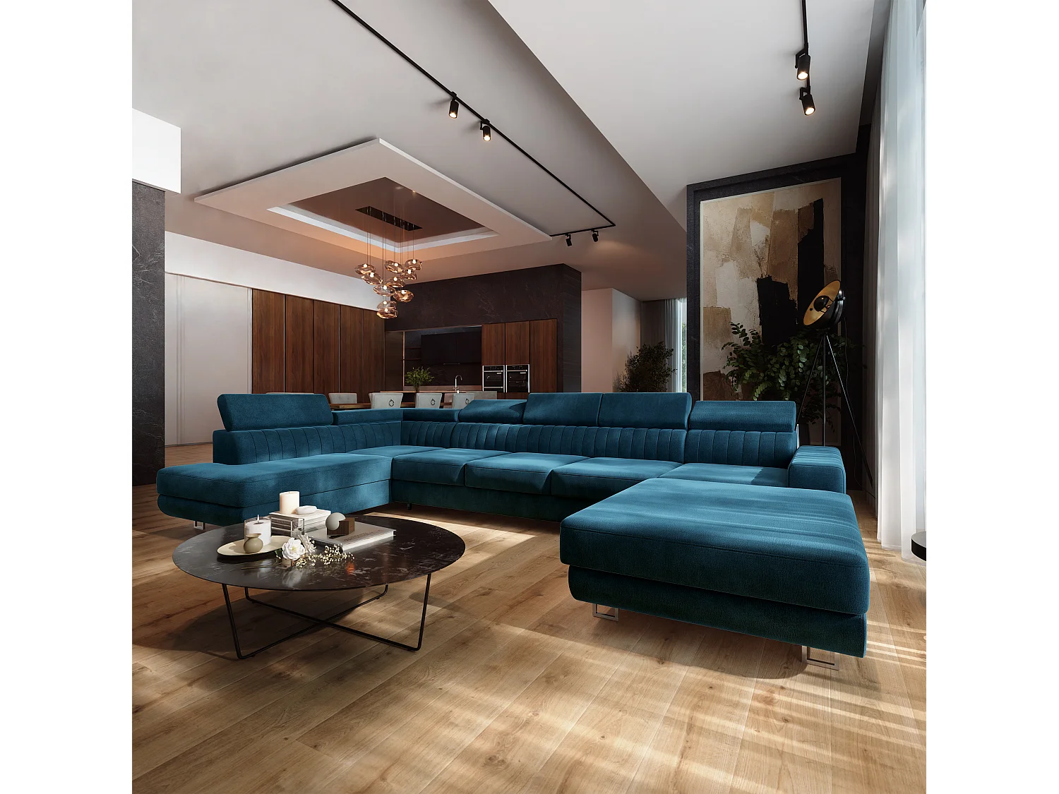 Canapé d'angle GAIAN,  avec fonction de couchage, velours Bleu