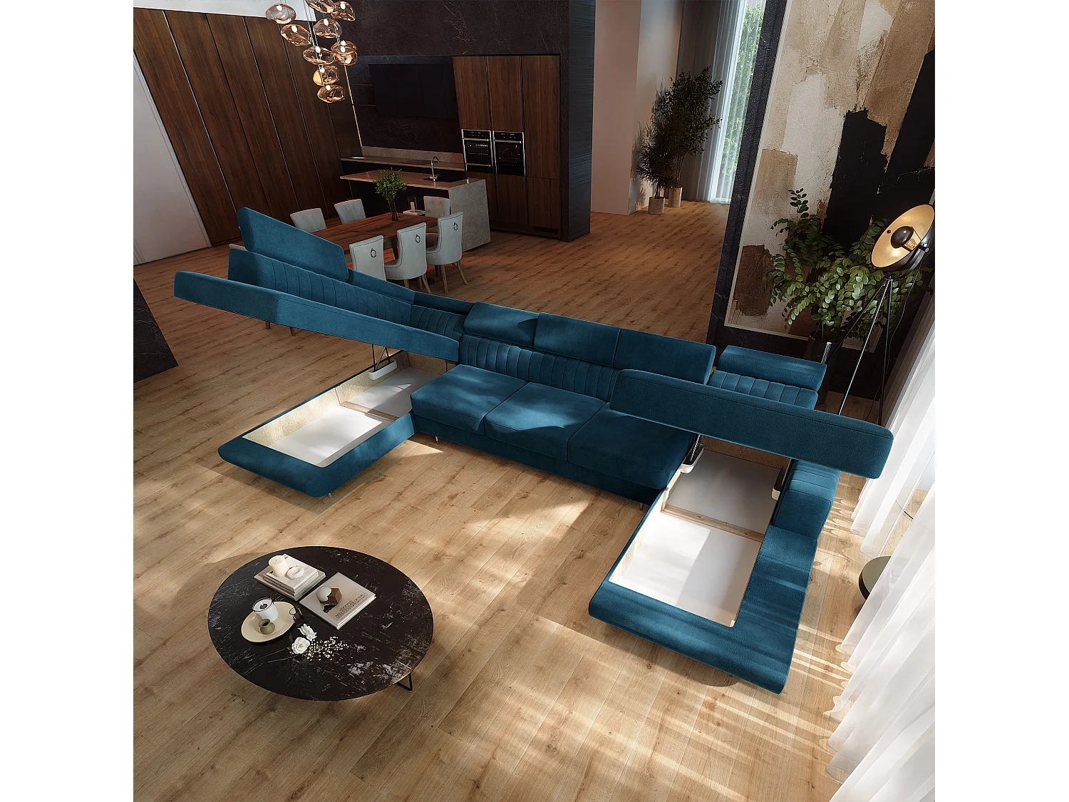 Canapé d'angle GAIAN,  avec fonction de couchage, velours Bleu
