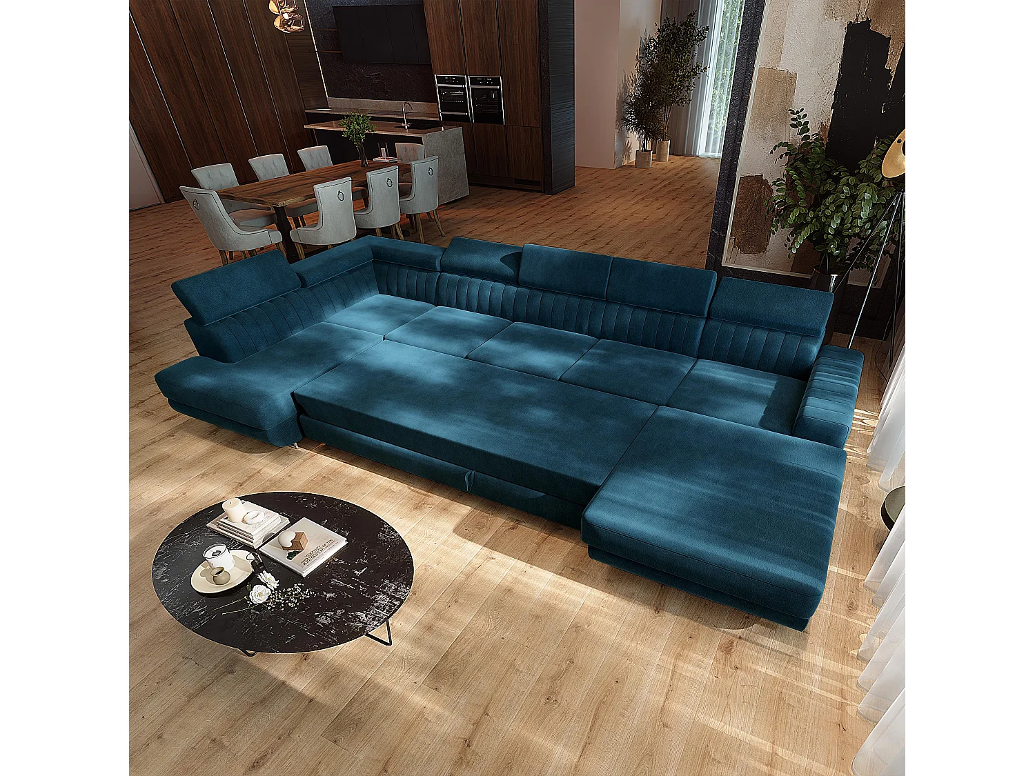 Canapé d'angle GAIAN,  avec fonction de couchage, velours Bleu