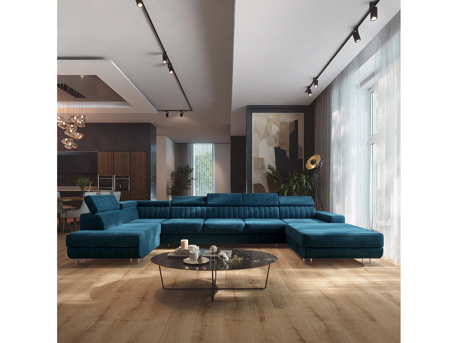 Canapé d'angle GAIAN,  avec fonction de couchage, velours Bleu