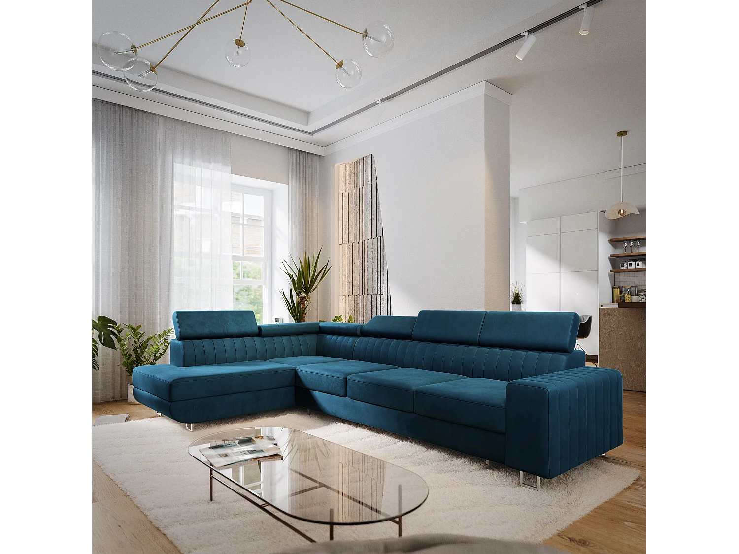 Hoekbank HESTION, met slaapfunctie, Fluwelen stof Blauw