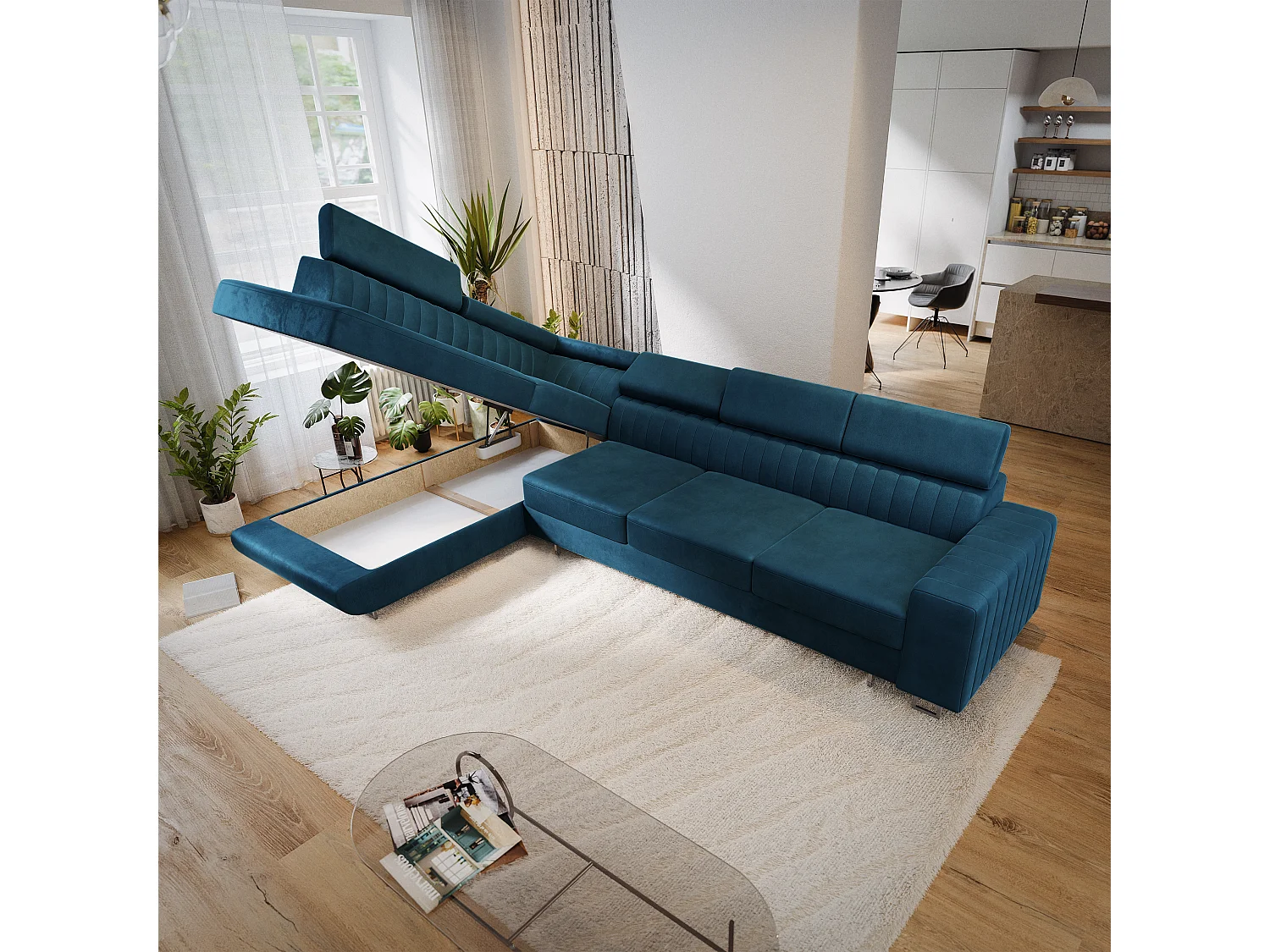 Hoekbank HESTION, met slaapfunctie, Fluwelen stof Blauw