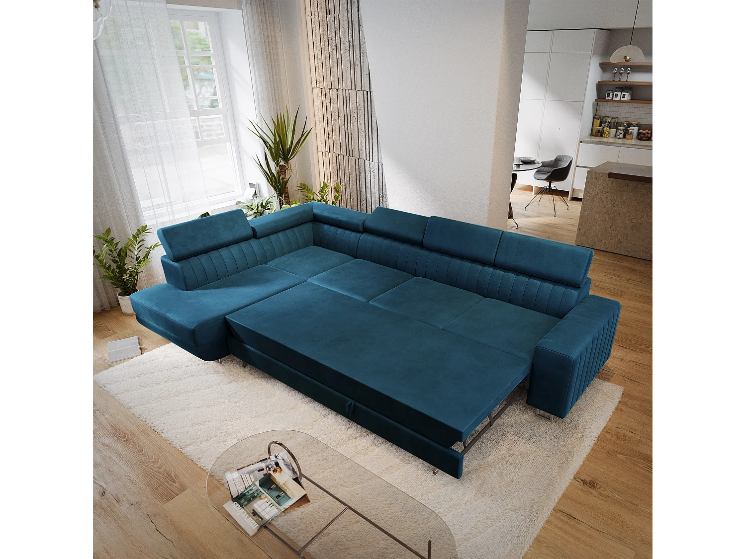 Hoekbank HESTION, met slaapfunctie, Fluwelen stof Blauw
