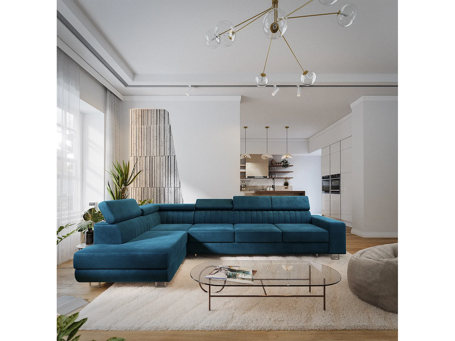 Hoekbank HESTION, met slaapfunctie, Fluwelen stof Blauw