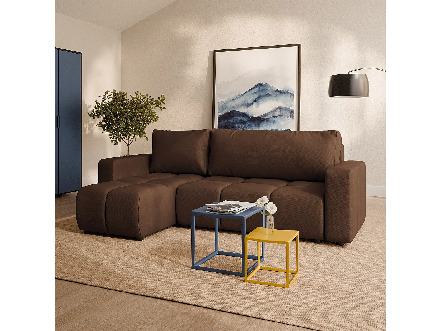 Canapé d'angle RAMIL,  avec fonction de couchage, peluche Marron