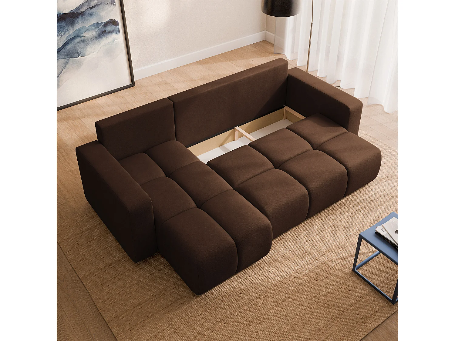 Canapé d'angle RAMIL,  avec fonction de couchage, peluche Marron