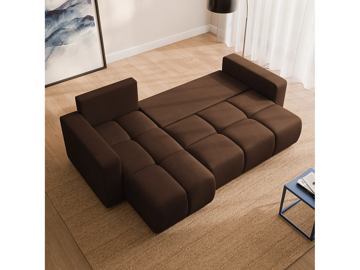 Canapé d'angle RAMIL,  avec fonction de couchage, peluche Marron