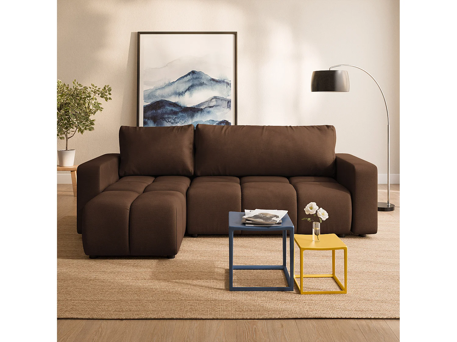 Canapé d'angle RAMIL,  avec fonction de couchage, peluche Marron