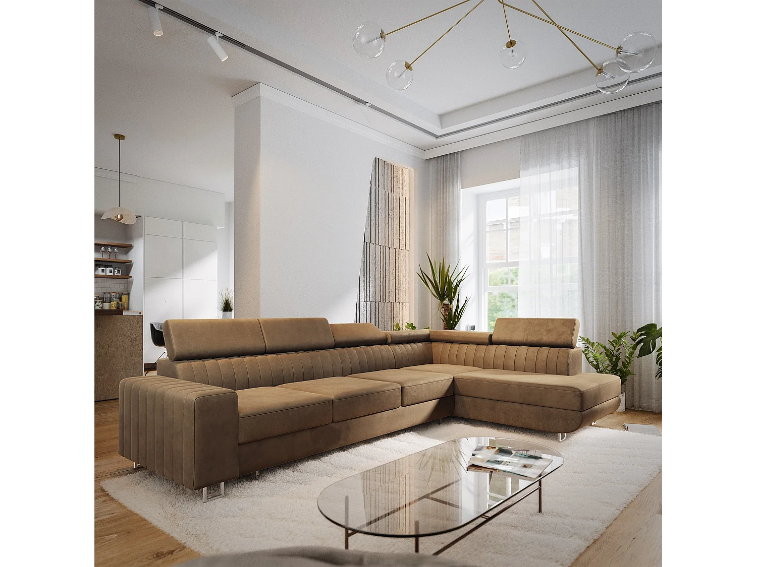 Hoekbank HESTION, met slaapfunctie, Fluwelen stof Beige
