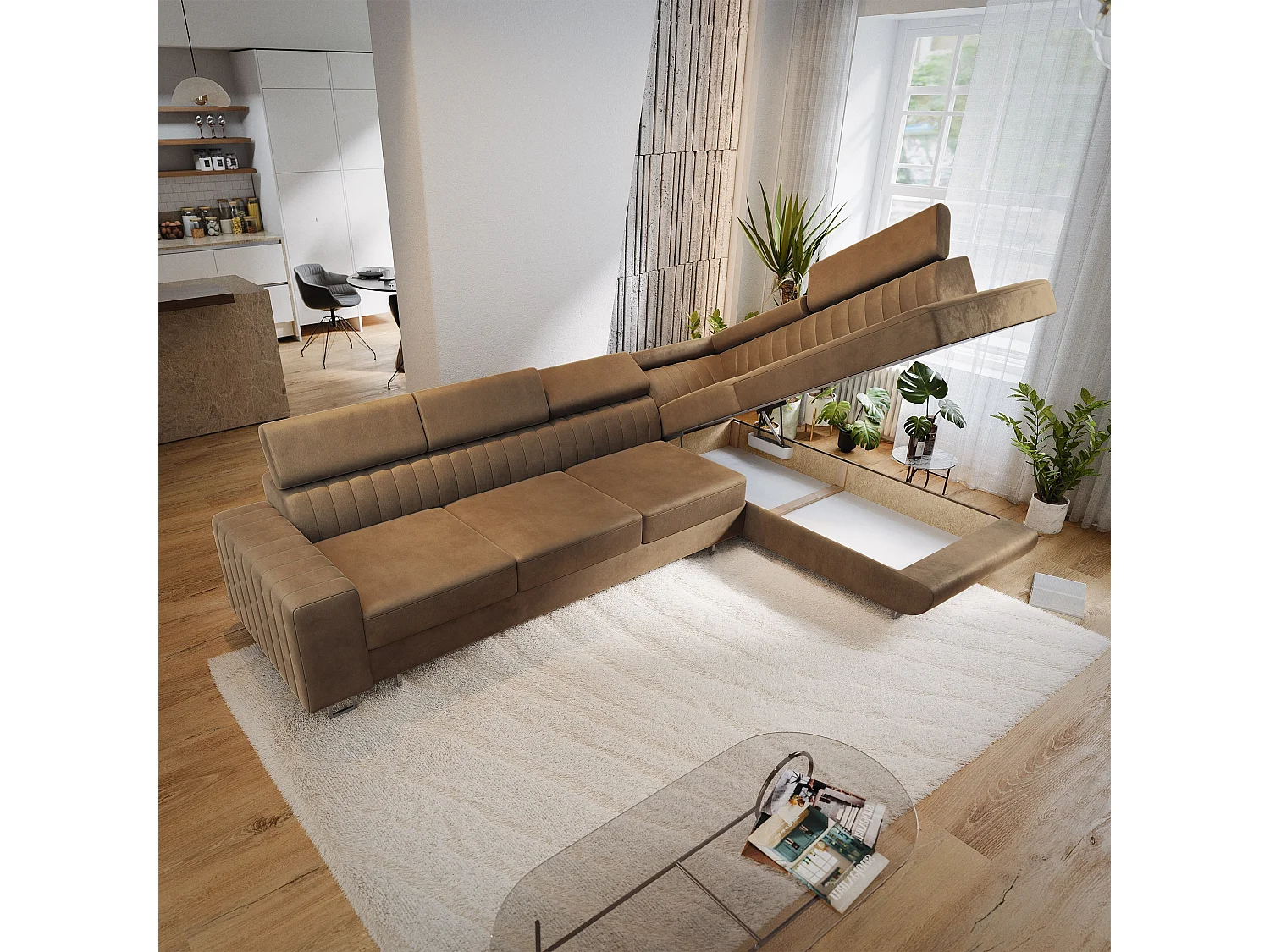 Hoekbank HESTION, met slaapfunctie, Fluwelen stof Beige