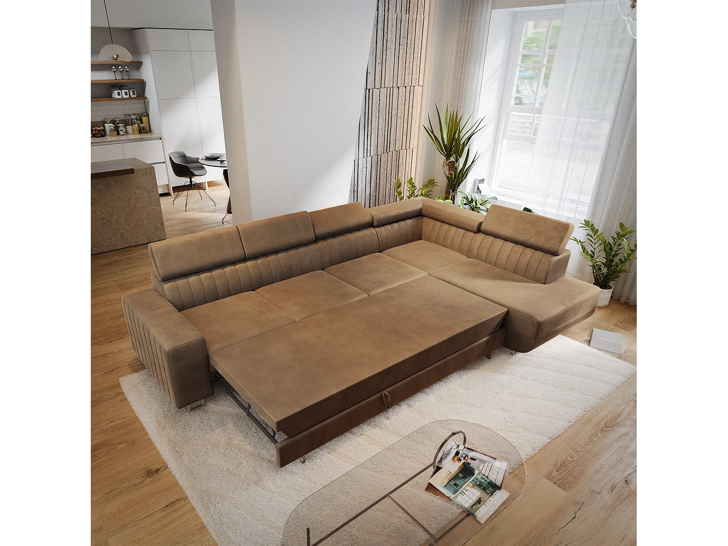 Hoekbank HESTION, met slaapfunctie, Fluwelen stof Beige