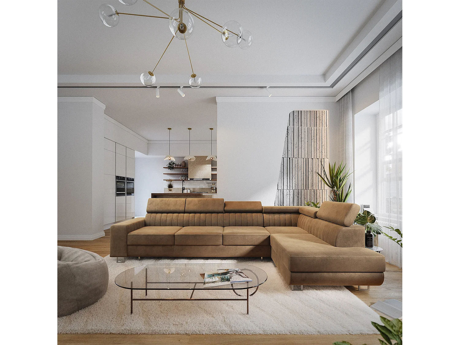 Hoekbank HESTION, met slaapfunctie, Fluwelen stof Beige