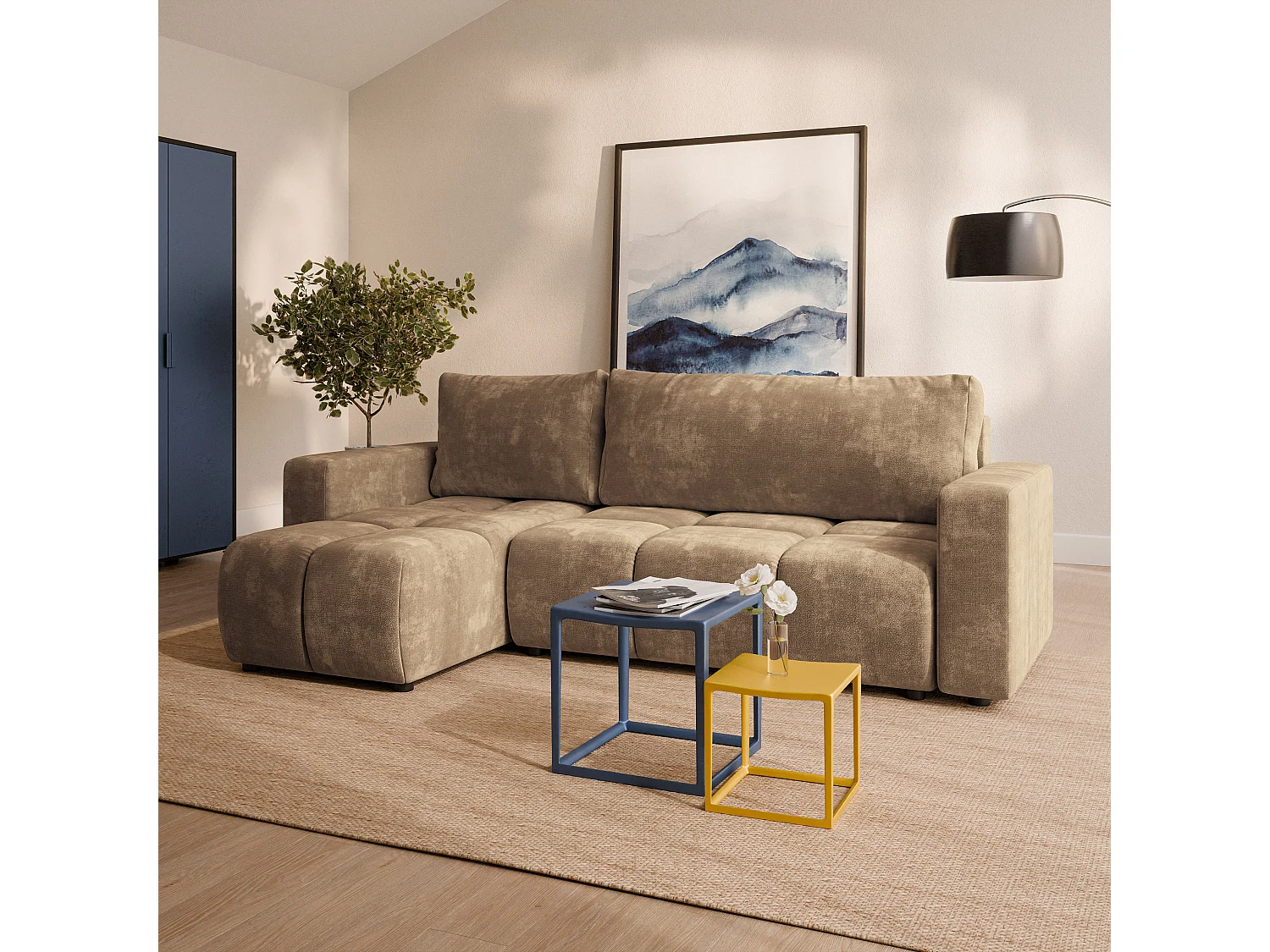 Hoekbank RAMIL, met slaapfunctie, Chenillestof Beige