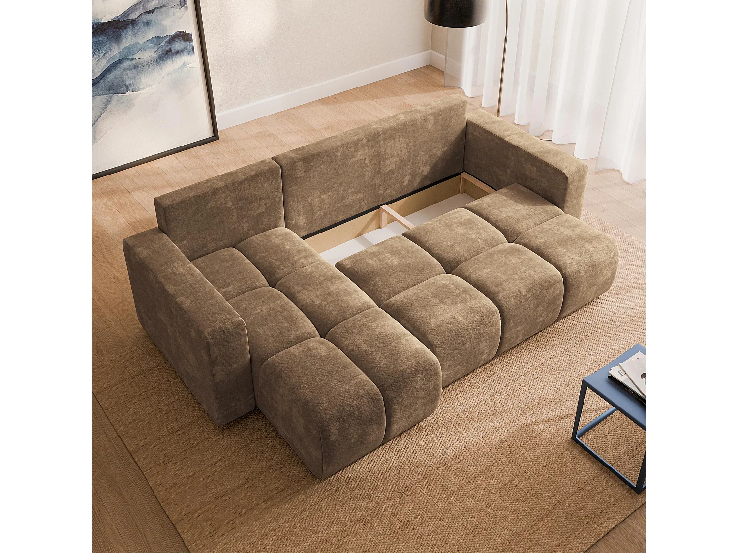 Hoekbank RAMIL, met slaapfunctie, Chenillestof Beige