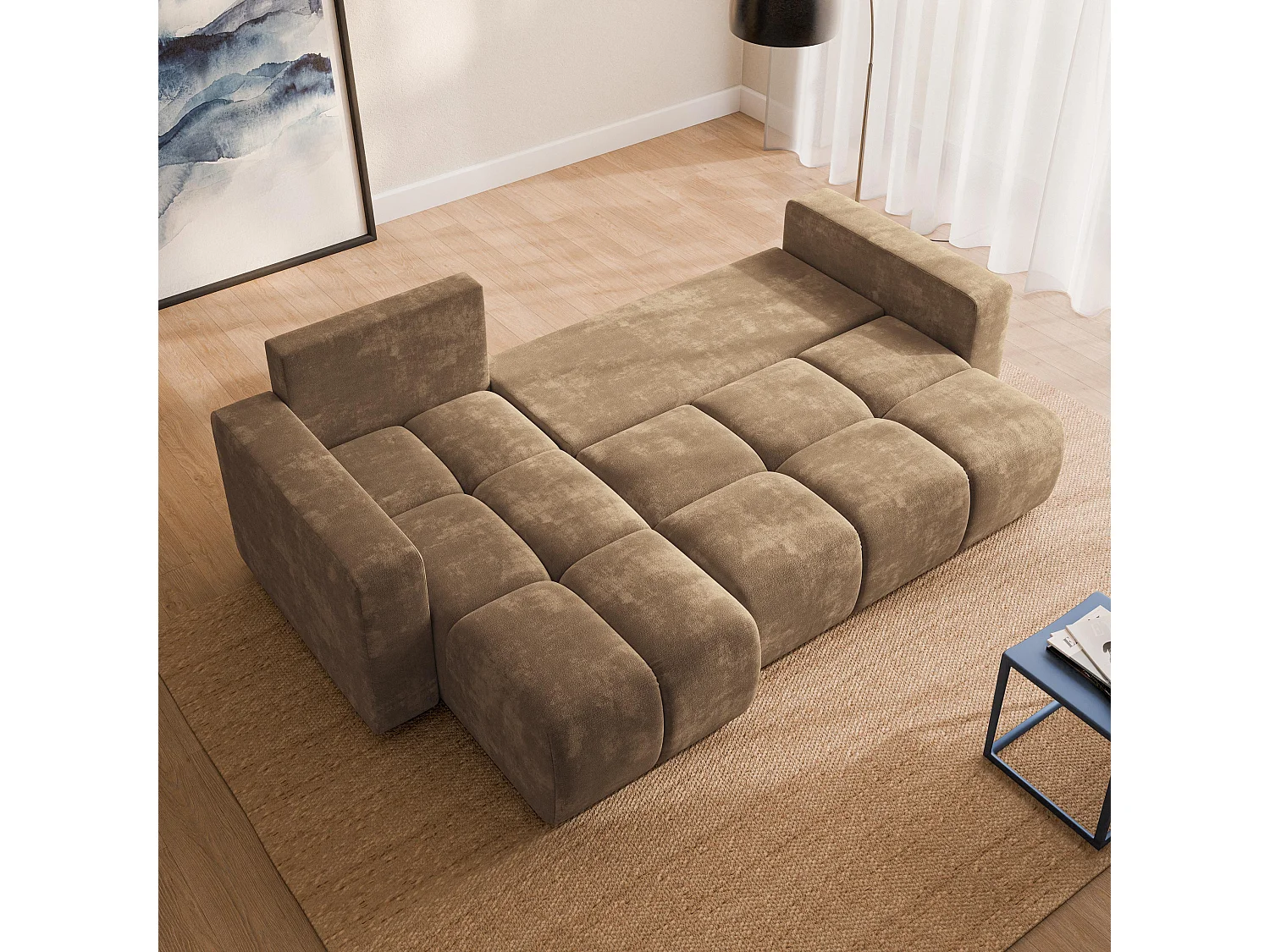Hoekbank RAMIL, met slaapfunctie, Chenillestof Beige
