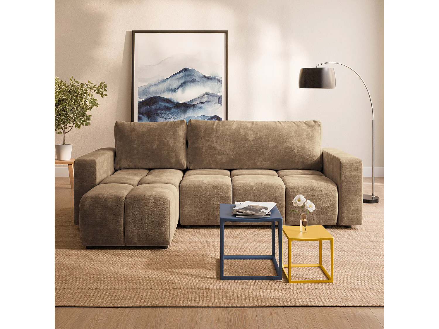 Hoekbank RAMIL, met slaapfunctie, Chenillestof Beige