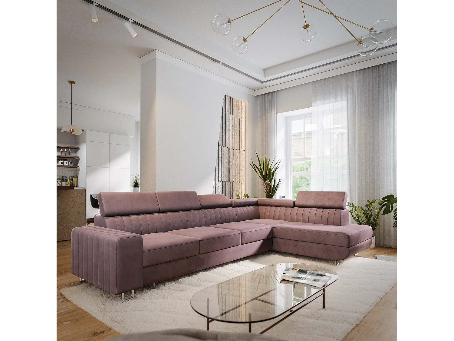 Canapé d'angle HESTION,  avec fonction de couchage, velours Violet