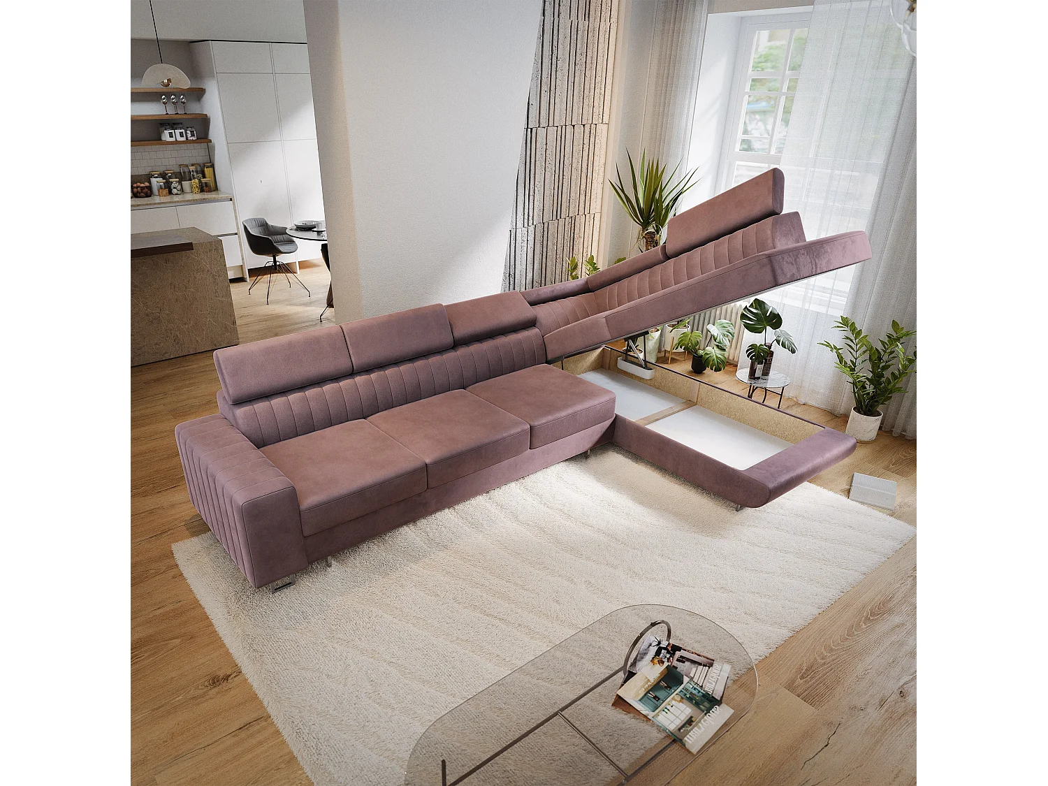 Canapé d'angle HESTION,  avec fonction de couchage, velours Violet
