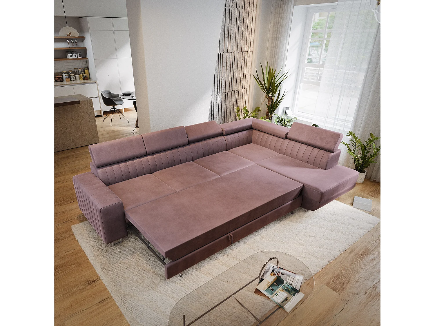 Canapé d'angle HESTION,  avec fonction de couchage, velours Violet