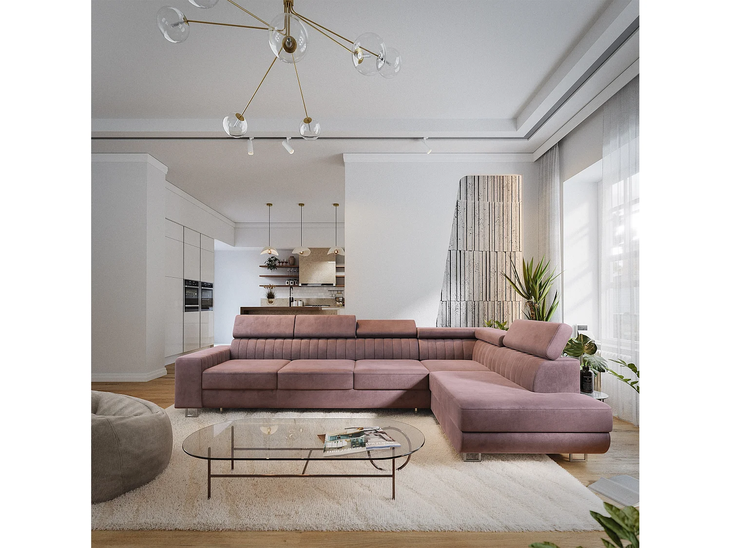 Canapé d'angle HESTION,  avec fonction de couchage, velours Violet